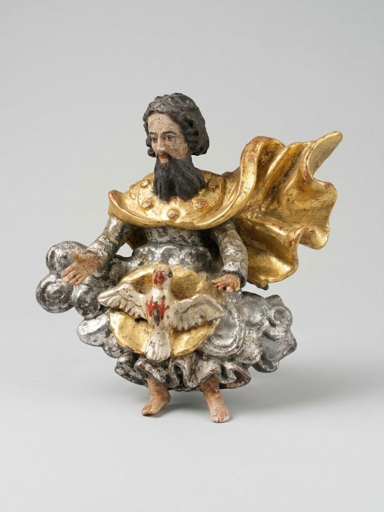 Sakrales Wandrelief „Gottvater mit Heiligem Geist“ – Terrakotta, vergoldet & versilbert, um 1800