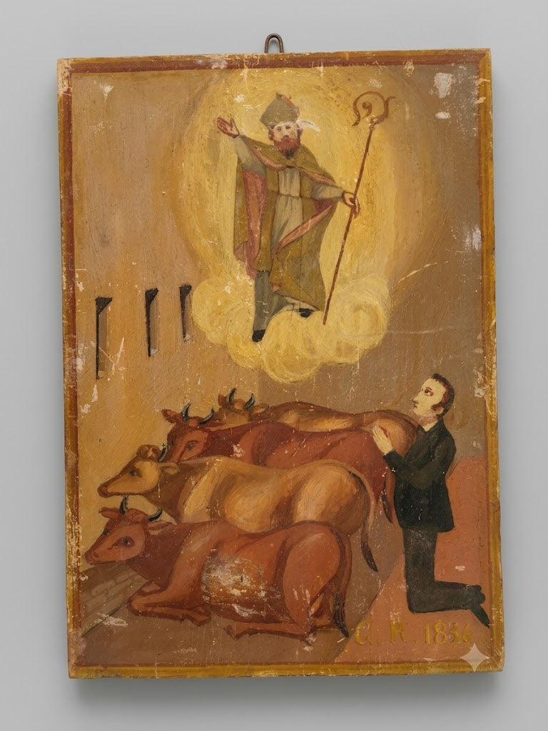 Antikes alpines Votivbild mit Kühen – Handgemalt & gefasst, bäuerliche Volkskunst um 1850