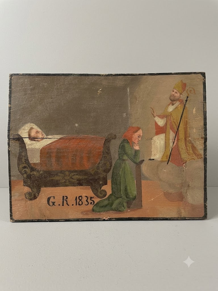Antikes alpines Votivbild „Die himmlische Erscheinung“ – Handgemalt & gefasst, exakt datiert 1835
