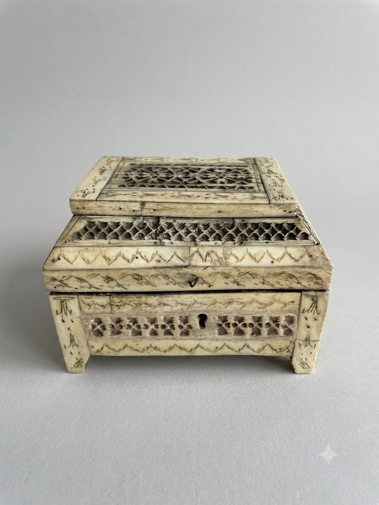 Seltene russische Beinschatulle / Schatulle mit Beinauflagen & Gravuren (um 1750)