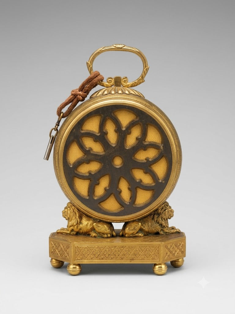 Prunkvolle feuervergoldete Tischuhr / Reiseuhr mit Löwen-Schnittgerüst (um 1900)