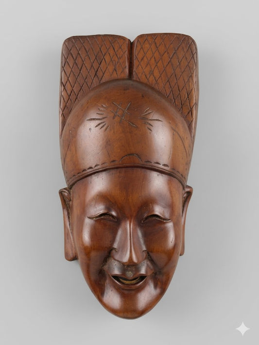 Antike asiatische Wandmaske – Handgeschnitzter Glücksgott / Gelehrter aus Hartholz