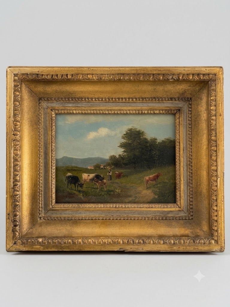 Idyllisches Biedermeier-Ölgemälde: Weidelandschaft mit Kühen – Wolff Herrmann (Weimar, 1832)