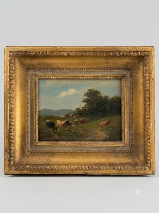 Idyllisches Biedermeier-Ölgemälde: Weidelandschaft mit Kühen – Wolff Herrmann (Weimar, 1832)