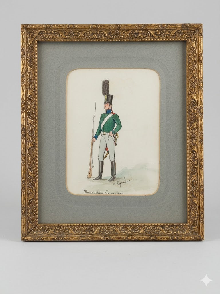 Kolorierte Lithografie „Russischer Grenadier“ im Prunkrahmen