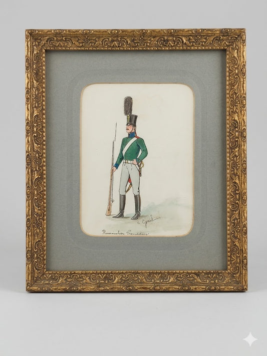 Kolorierte Lithografie „Russischer Grenadier“ im Prunkrahmen