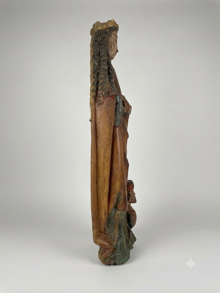 Gotische Figur mit Buch & Stifter- / Herrenkopf – Flämisch, Eichenholz um 1500
