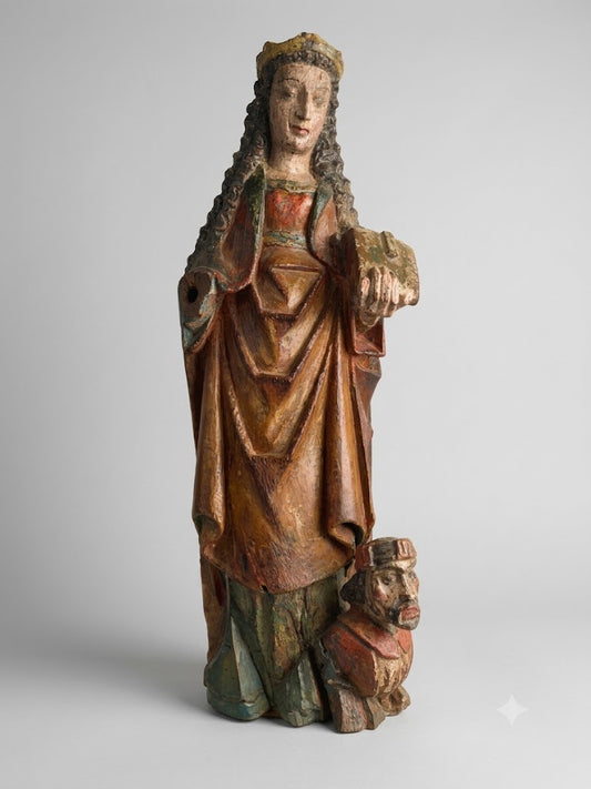 Gotische Figur mit Buch & Stifter- / Herrenkopf – Flämisch, Eichenholz um 1500