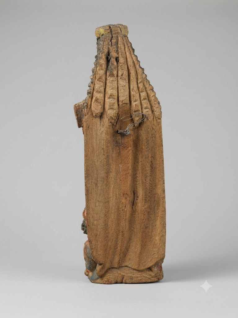Gotische Figur mit Buch & Stifter- / Herrenkopf – Flämisch, Eichenholz um 1500